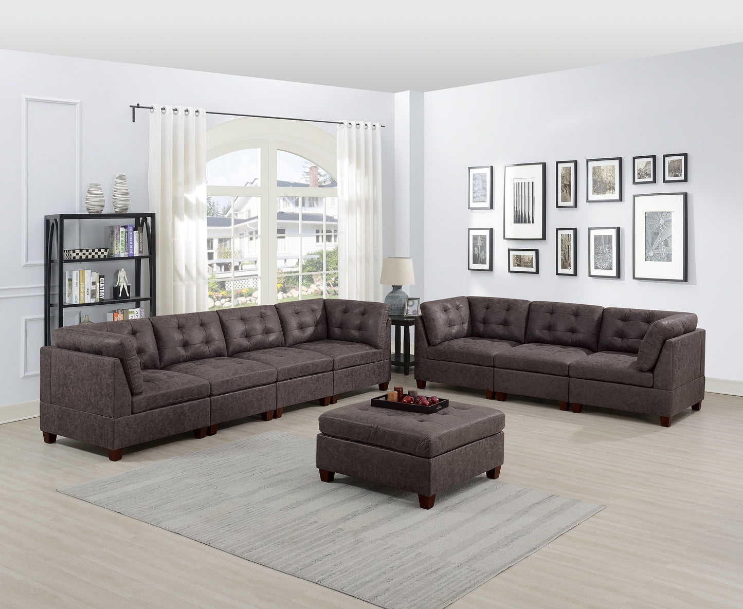 Living Room Furniture Dark Brown Modular Sofa Set 8pc Set Breathable Leatherette Tufted Couch 4x Corner Wedge 3x Armless Chairs and 1x Ottoman