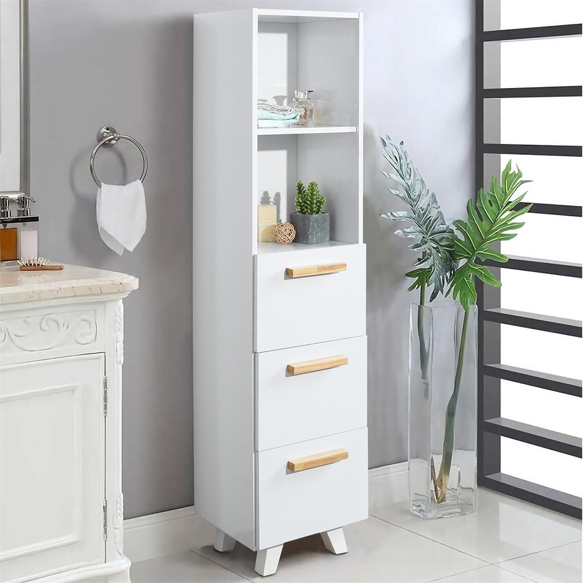 Tall Cabinet, Wooden Slim Floor Cabinet with Shelves & Drawer, White