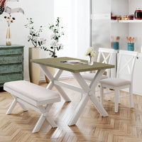 4 Pieces Farmhouse Rustic Wood Kitchen Dining Table Set with Upholstered 2 X-back Chairs and Bench, Gray Green+White+Beige