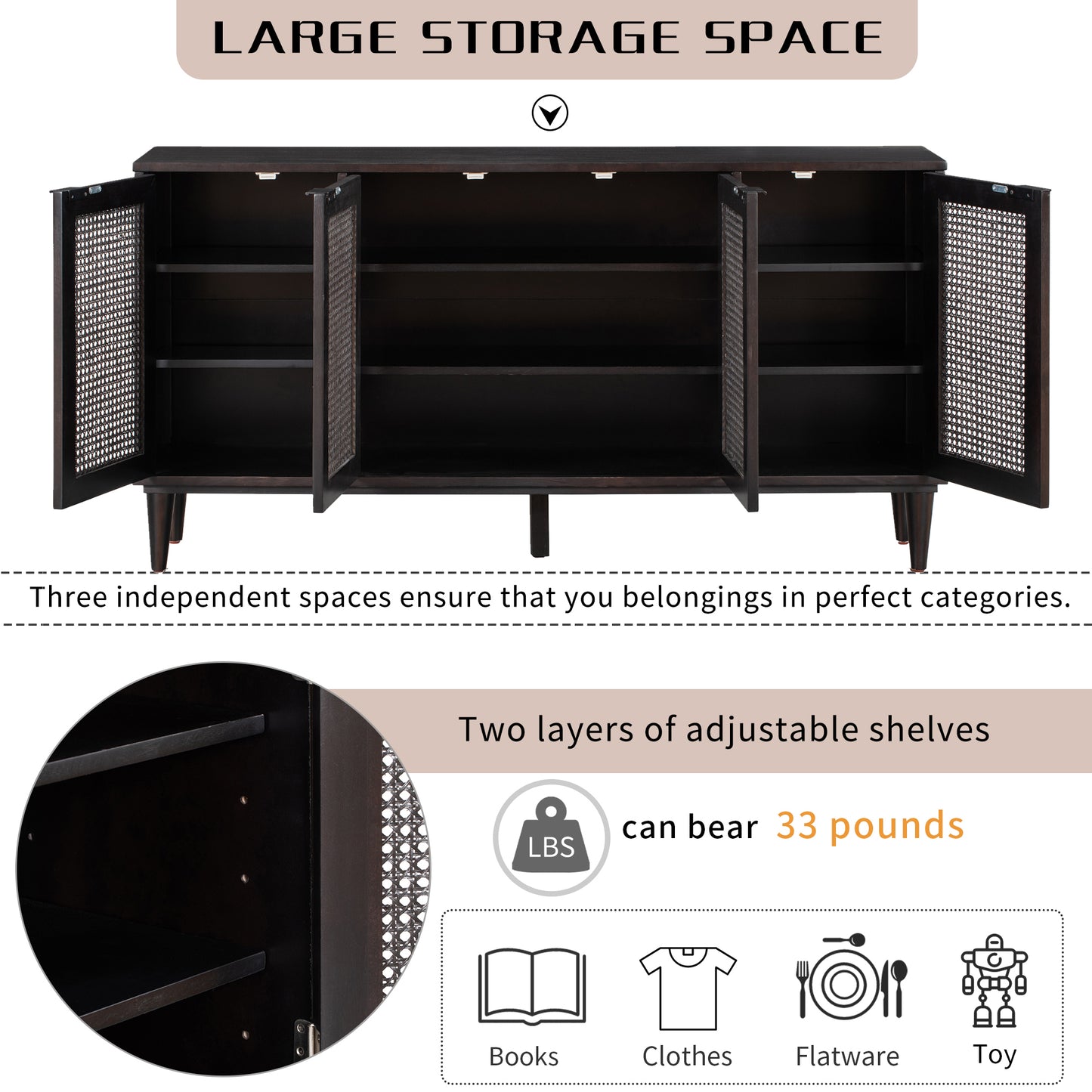 Large Storage Space Sideboard with Artificial Rattan Door and Unobtrusive Doorknob for Living Room and Entryway (Espresso)