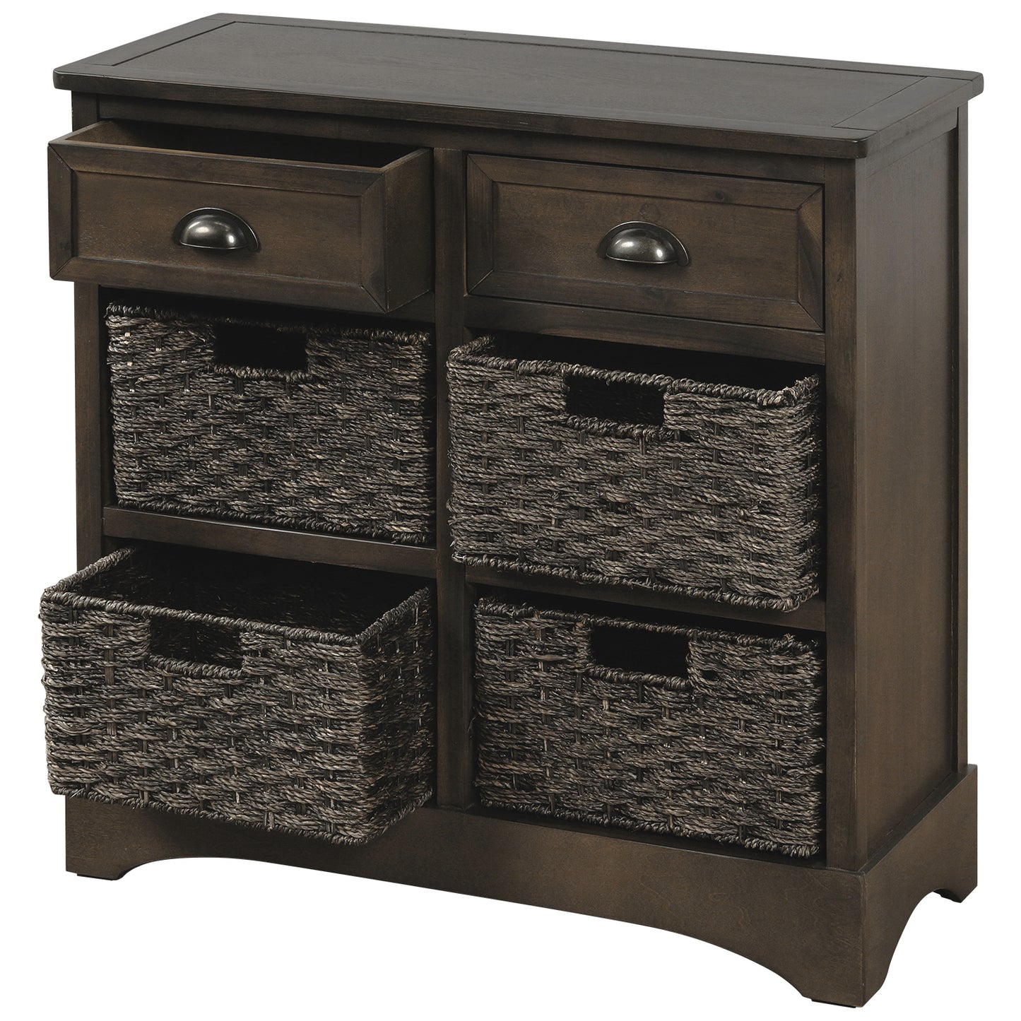 Rustic Storage Cabinet with Two Drawers and Four Classic Rattan Basket for Dining Room/Living Room (Brown Gray)