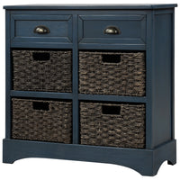 Rustic Storage Cabinet with Two Drawers and Four  Classic Rattan Basket for Dining Room/Entryway/Living Room (Antique Navy)