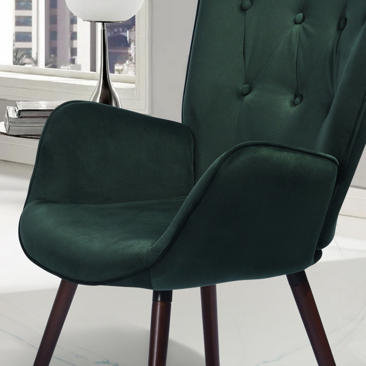 Modern Wingback Accent Armchair Living Room Tufted Velvet Upholstery, Dark Green