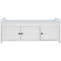 Storage Bench with 3 Shutter-shaped Doors, Shoe Bench with Removable Cushion and Hidden Storage Space (White)