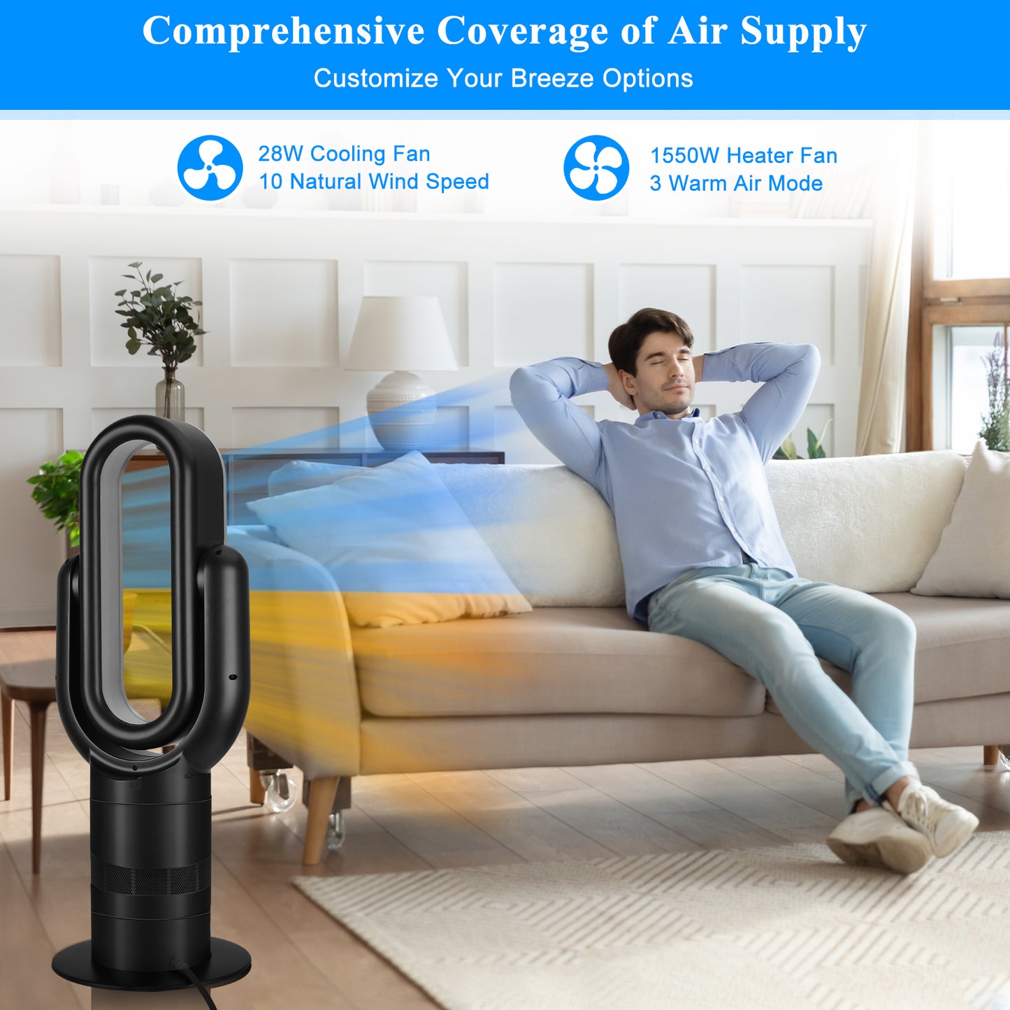 26-inch Space Heater Bladeless Tower Fan, Heater & Cooling Combo, with Remote Control, for Home Air Conditioner, Black