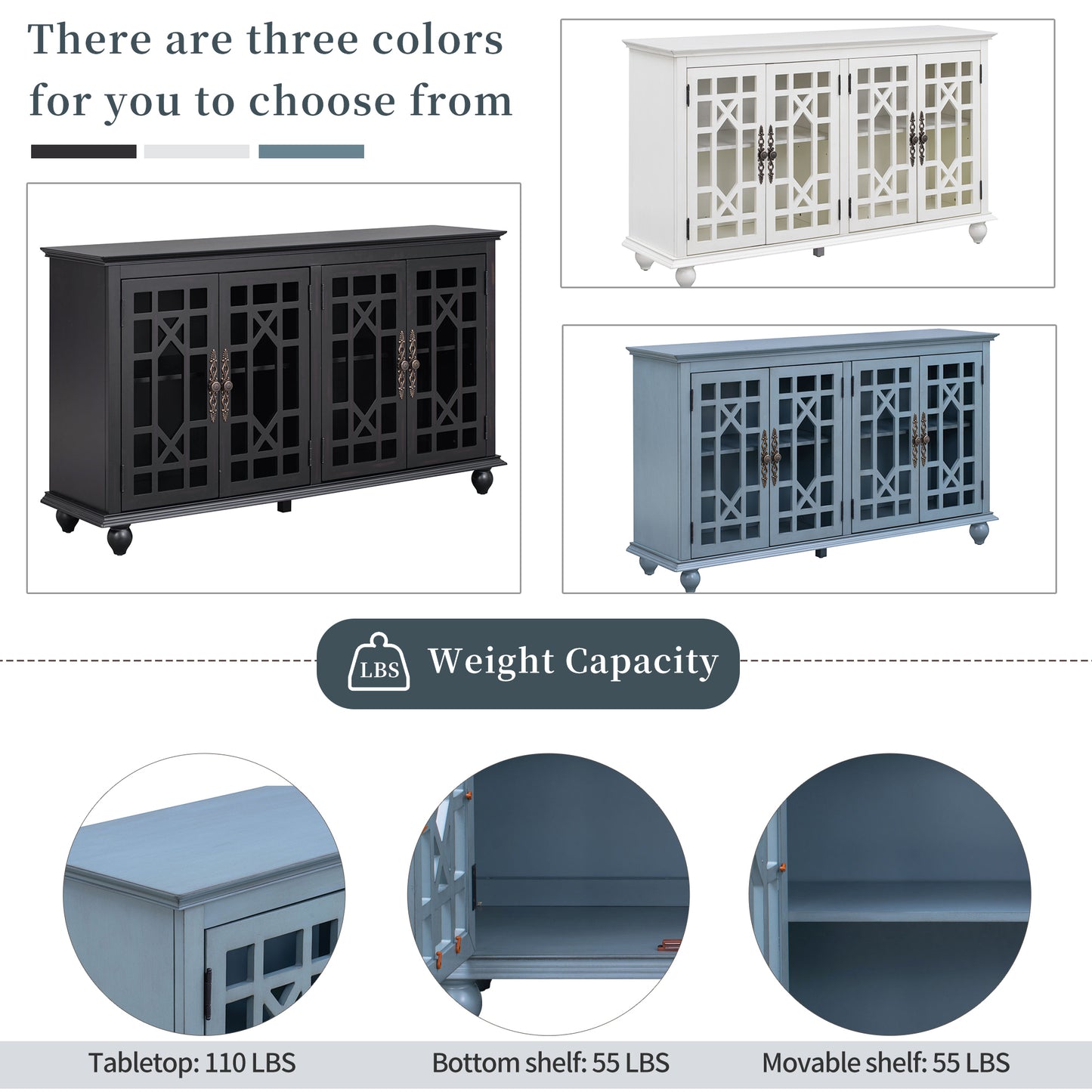 Sideboard with Adjustable Height Shelves, Metal Handles, and 4 Doors for Living Room, Bedroom, and Hallway (Teal Blue)