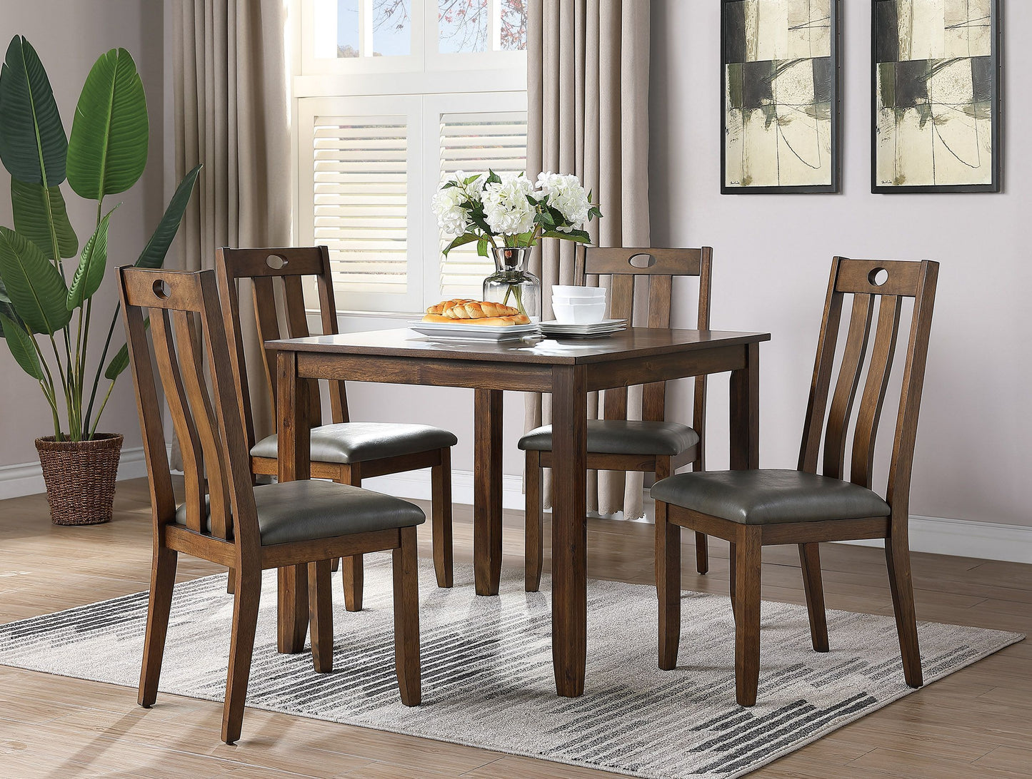 Natural Brown Finish Dinette 5pc Set Kitchen Breakfast Dining Table Wooden Top Cushion Seats Chairs Dining Room Furniture