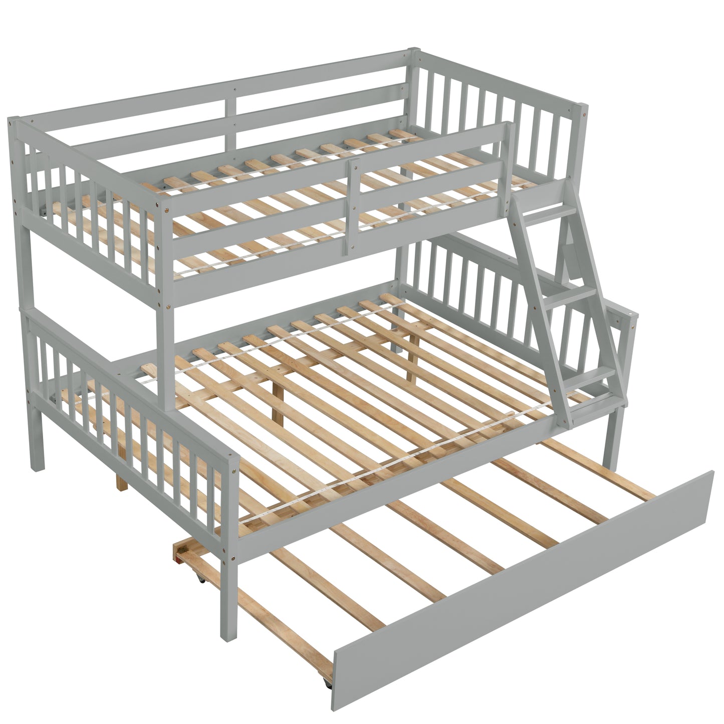 Twin Over Full Bunk Bed with Trundle, Convertible into 2 Beds, the Bunk Bed with Ladder and Safety Rails for Kids, Teens, Adults, Grey