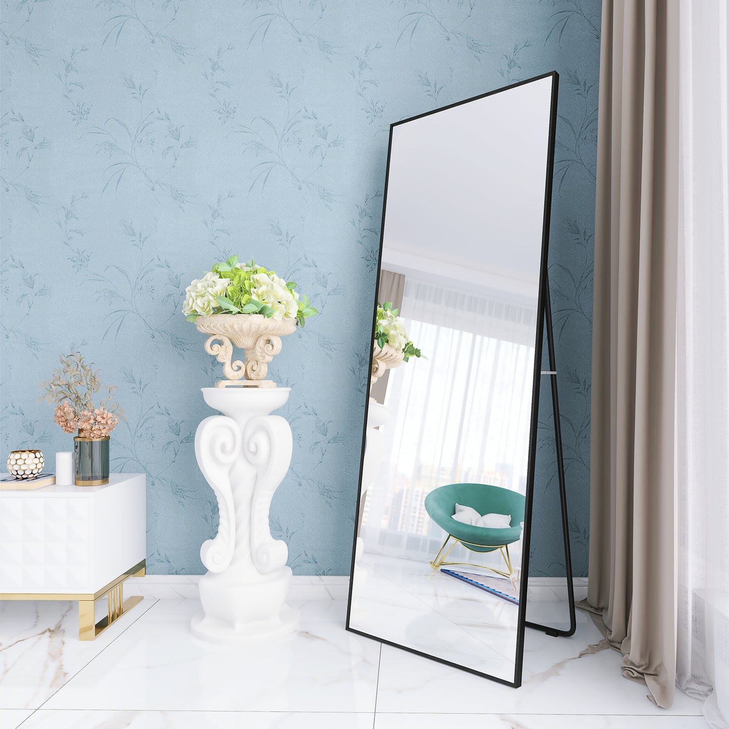 65" x 24" Full Length Mirror Hanging Standing or Leaning, Bedroom Mirror Floor Mirror Wall-Mounted Mirror with Alloy Frame, Black