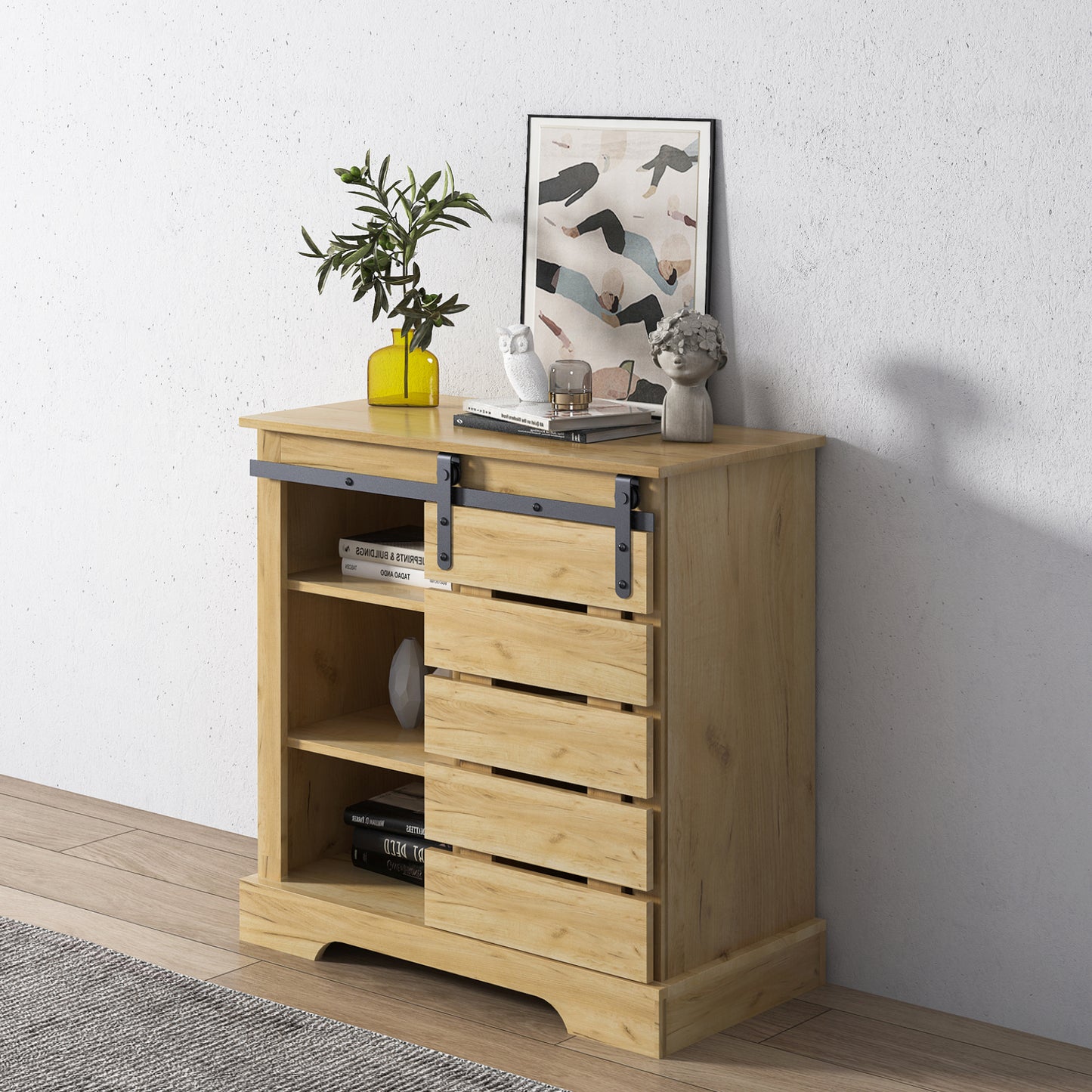 Side Cabinet Buffet Sideboard with Sliding Barn Door and Interior Shelves