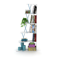 Furnish Home Store Modern 5 Tier Ladder Bookshelf Organizers, Narrow Bookshelf for Small Spaces Office Furniture Bookcase ,White/Blue