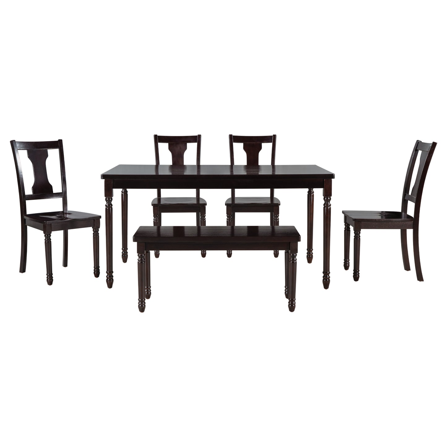 Classic Dining Set Wooden Table and 4 Chairs with Bench for Kitchen Dining Room, Espresso (Set of 6)