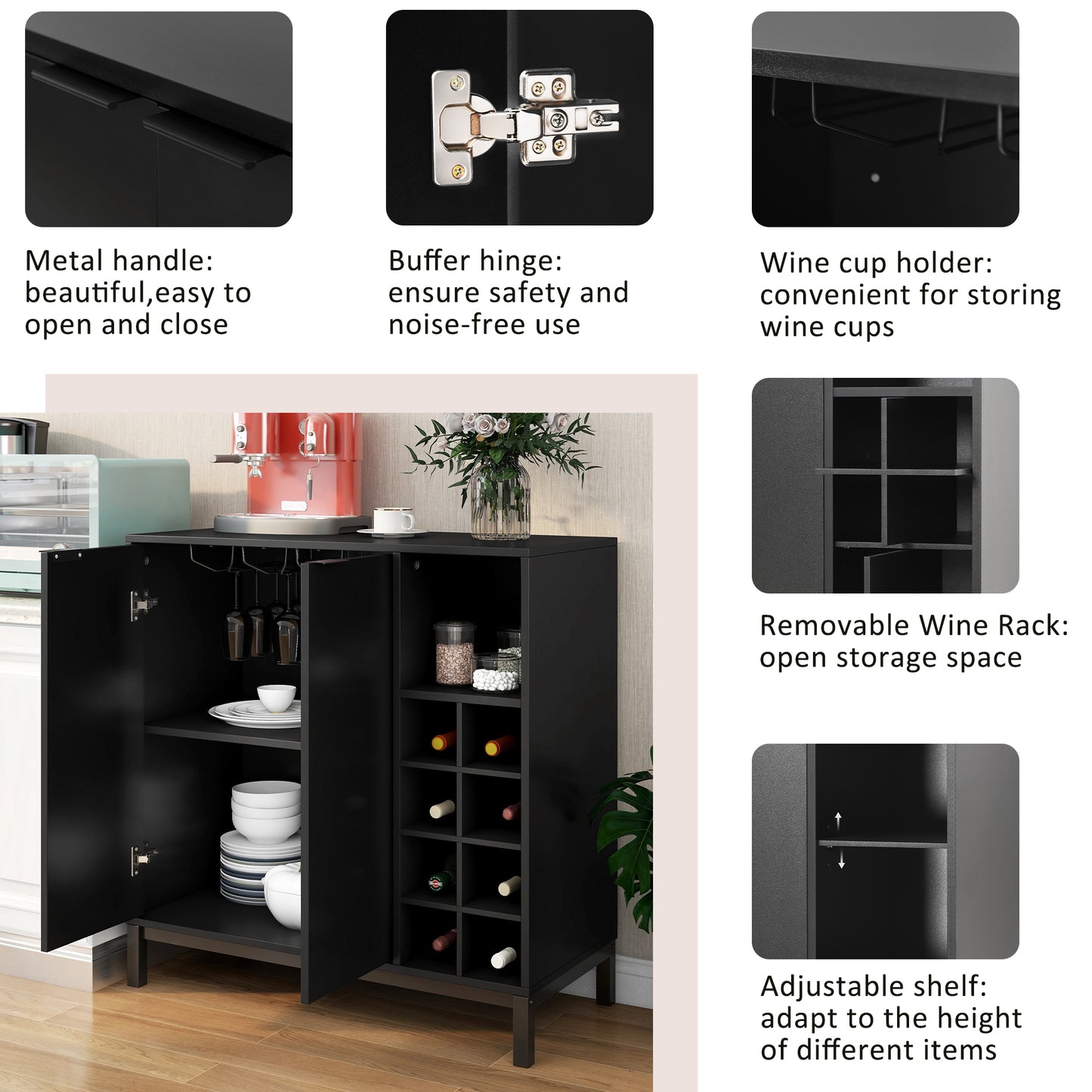 K&K Sideboards and Buffets With Storage Coffee Bar Cabinet Wine Racks Storage Server Dining Room Console 34 Inch (Black)