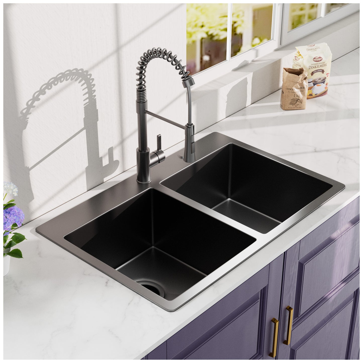 33x22Inch Double Bowl Topmount Gunmetal Black Kitchen Sink 18Gauge Stainless Steel  With Black Spring Neck Faucet