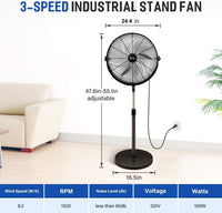 Simple Deluxe 20 Inch Pedestal Standing Fan, High Velocity, Heavy Duty Metal For Industrial, Commercial, Residential, Greenhouse Use, Black