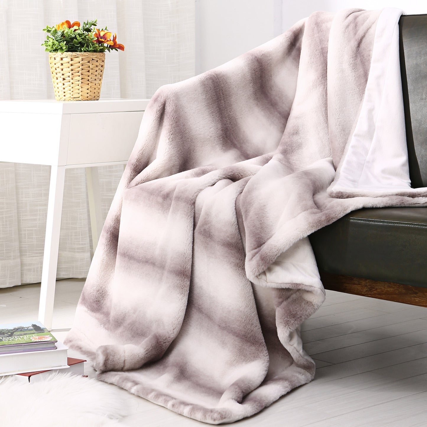 Printed Faux Rabbit Fur Throw, Lightweight Plush Cozy Soft Blanket, 50" x 60", Coffee Stripe (2 Pack Set of 2)