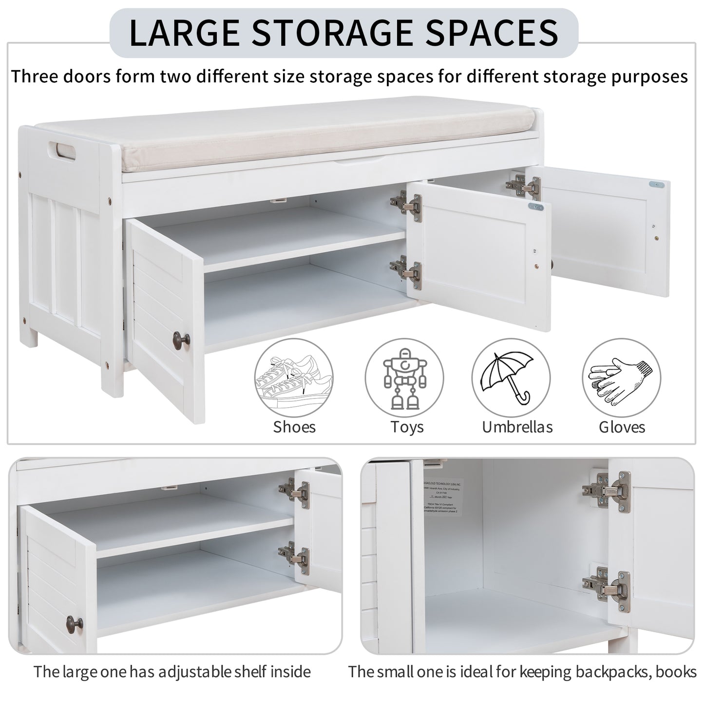 Storage Bench with 3 Shutter-shaped Doors, Shoe Bench with Removable Cushion and Hidden Storage Space (White)