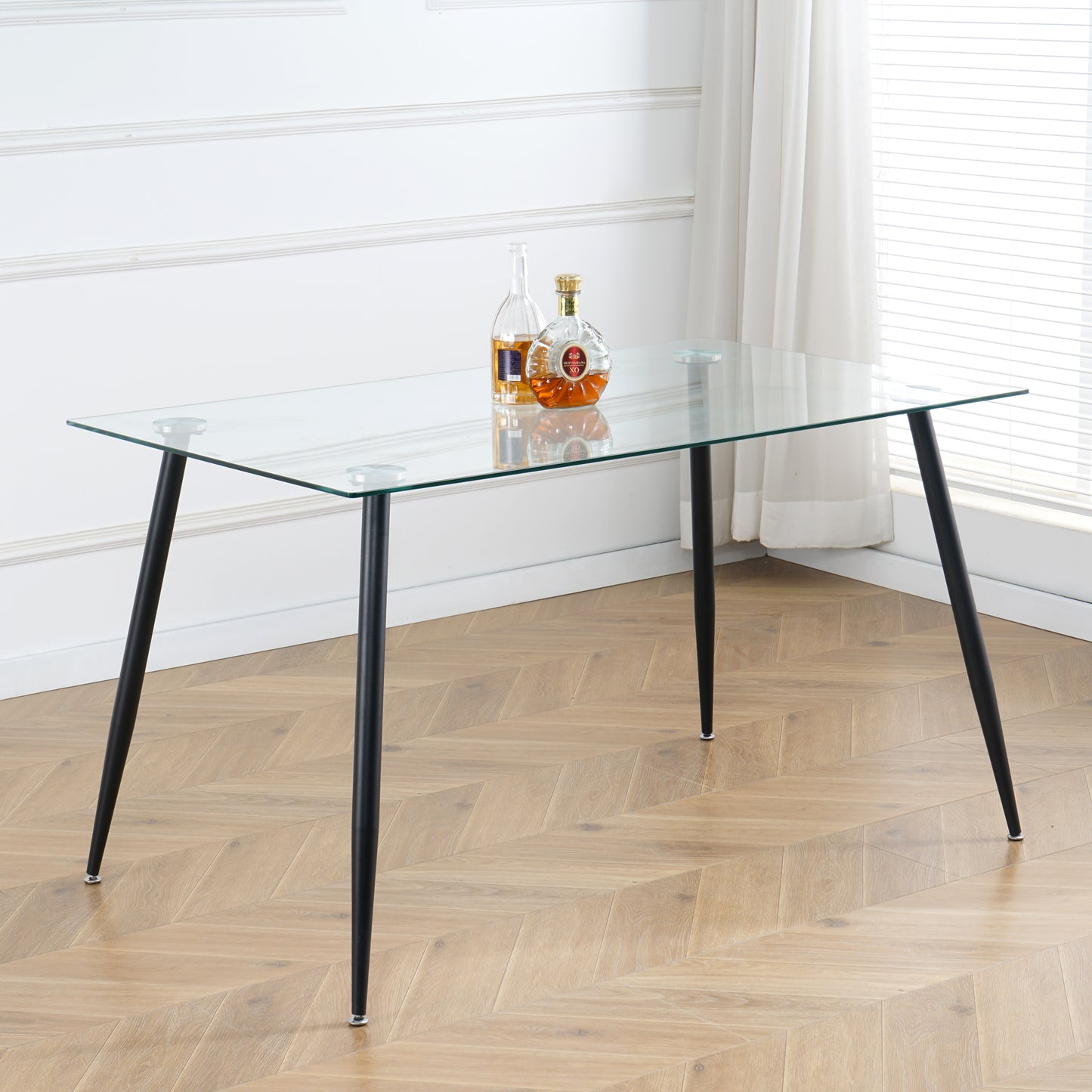 Modern Kitchen Glass dining table 51" Rectangular  Tempered Glass Table top,Clear Dining Table Metal Legs, Black legs