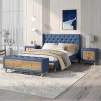 4-Pieces Bedroom Sets Full Size Upholstered Platform Bed with Two Nightstands and Storage Bench-Blue