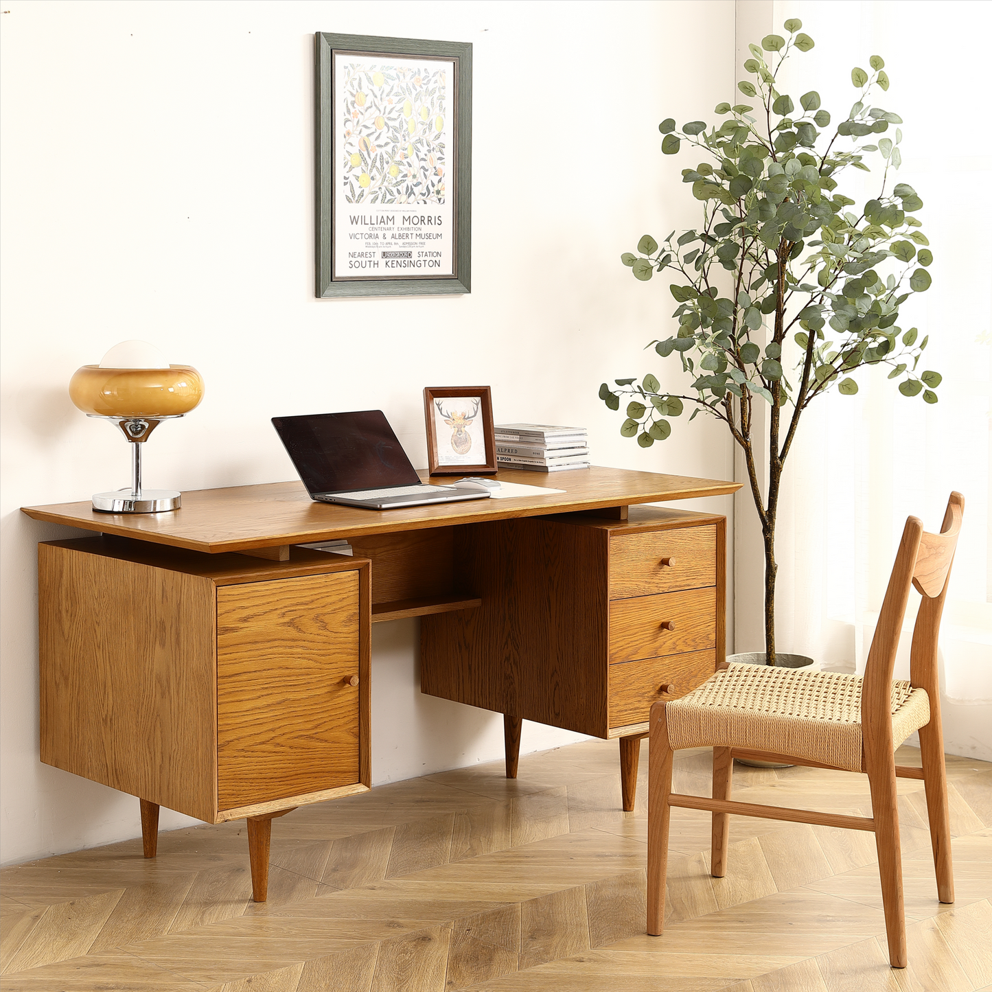 Oak Simple and Elegant Oak Writing Desk - Functional Office Desk with 57.08 Inches of Writing Space