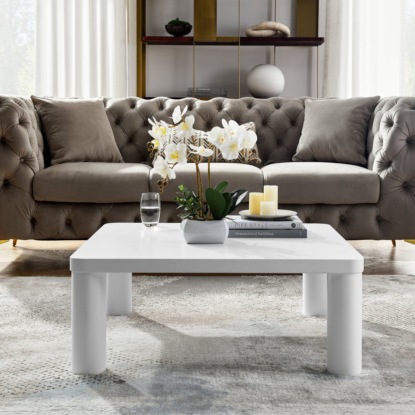 Cream White Coffe Table, 33.5" Modern Minimalist Square Coffee Tables for Living Room Home Office, Sturdy Durable Low Table for Sitting on The Floor, Tatami Floor Tables