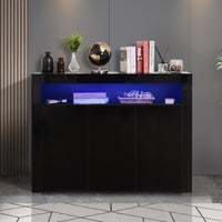 Living Room Sideboard Storage Cabinet Black High Gloss with LED Light, Modern Kitchen Unit Cupboard Buffet Wooden Storage Display Cabinet TV Stand with 3 Doors for Hallway Dining Room