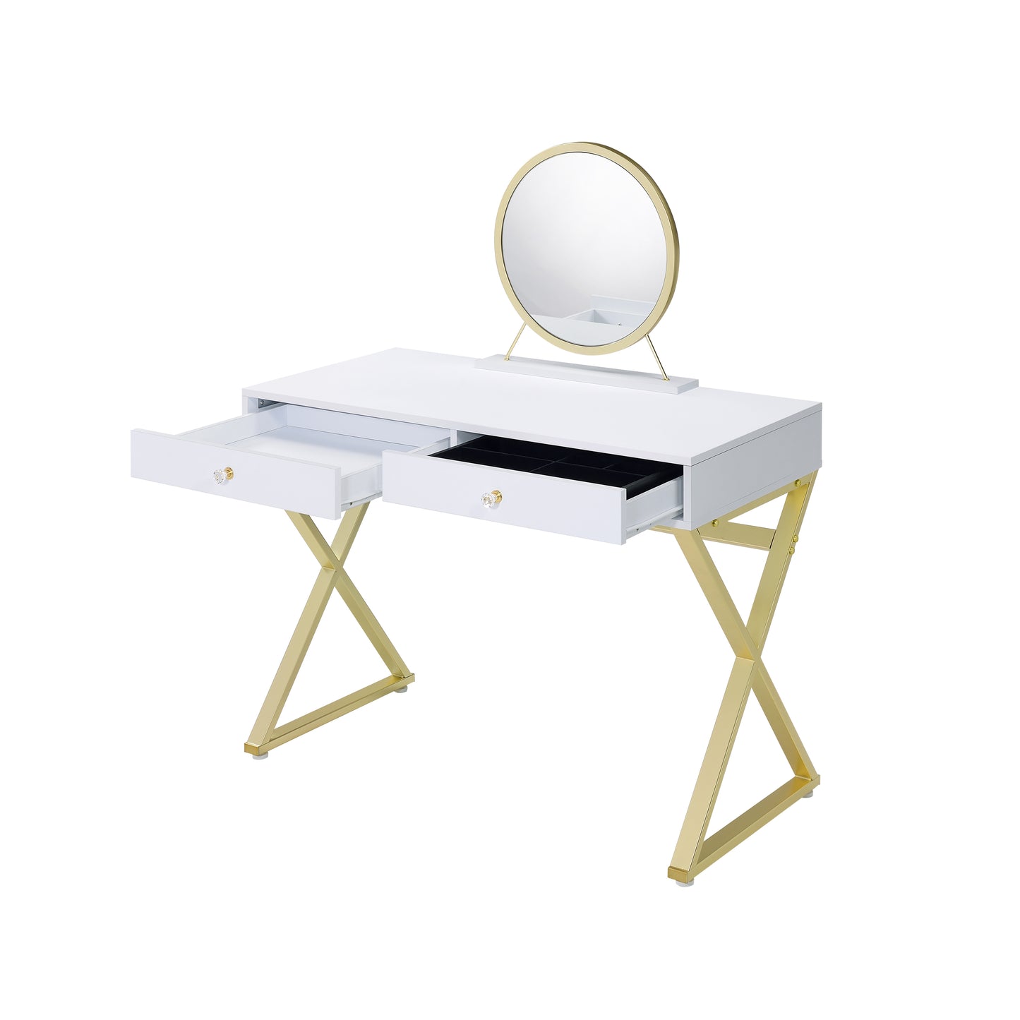 ACME Coleen Vanity Desk w/Mirror & Jewelry Tray in White & Gold Finish