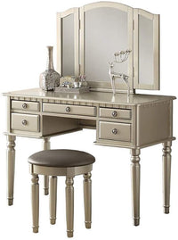 Bedroom Contemporary Vanity Set w Foldable Mirror Stool Drawers Silver Color