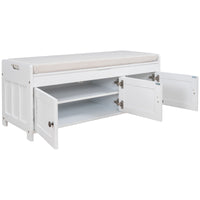 Storage Bench with 3 Shutter-shaped Doors, Shoe Bench with Removable Cushion and Hidden Storage Space (White)