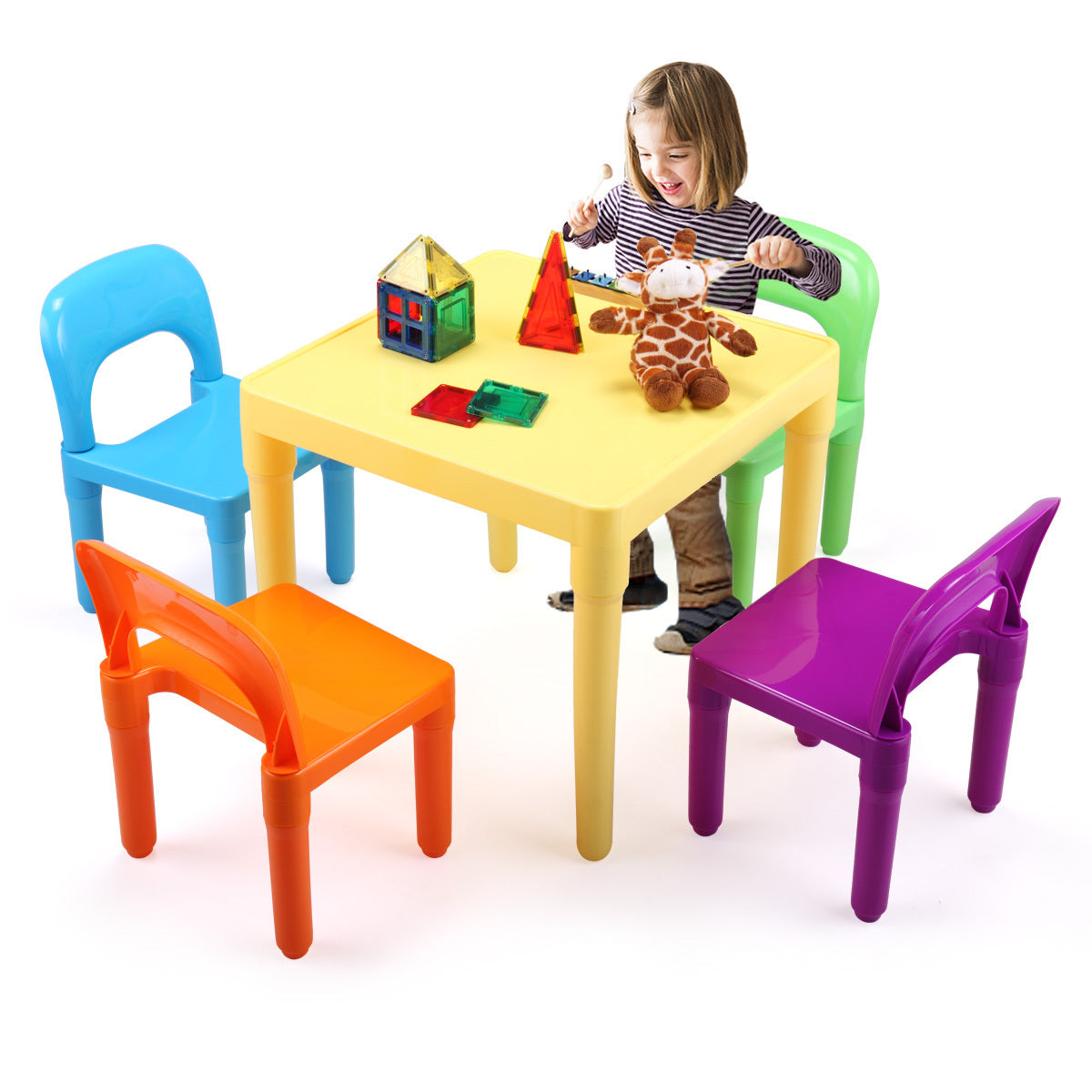 Kid Table and 4 Chairs Set, 5 PCs Kid Furniture with Activity Table and Colorful Chair for School Home Play Room