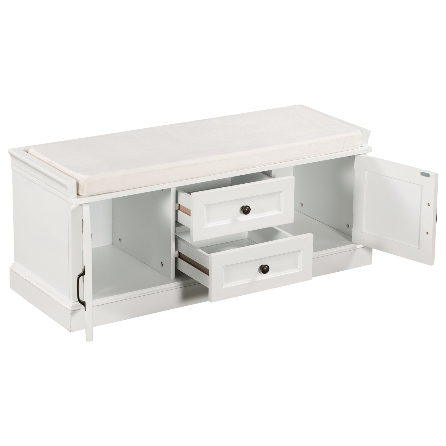 Storage Bench with 2 Drawers and 2 Cabinets, Shoe Bench with Removable Cushion for Living Room, Entryway (White)