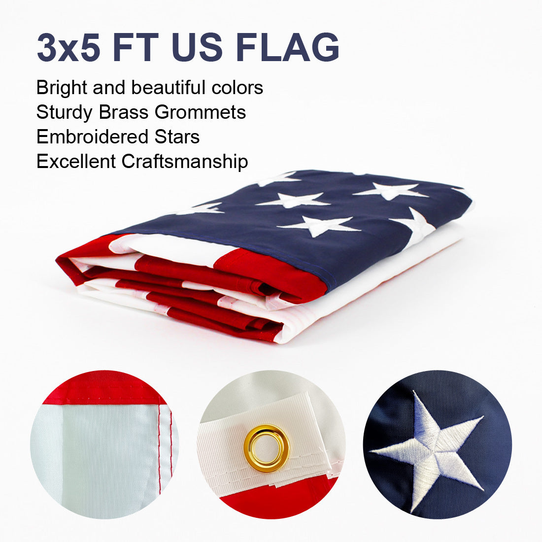 3x5 FT 210D Polyester American Flag, Embroidered Stars, Sewn Stripes, Brass Grommets US Flag Outdoor USA Flags