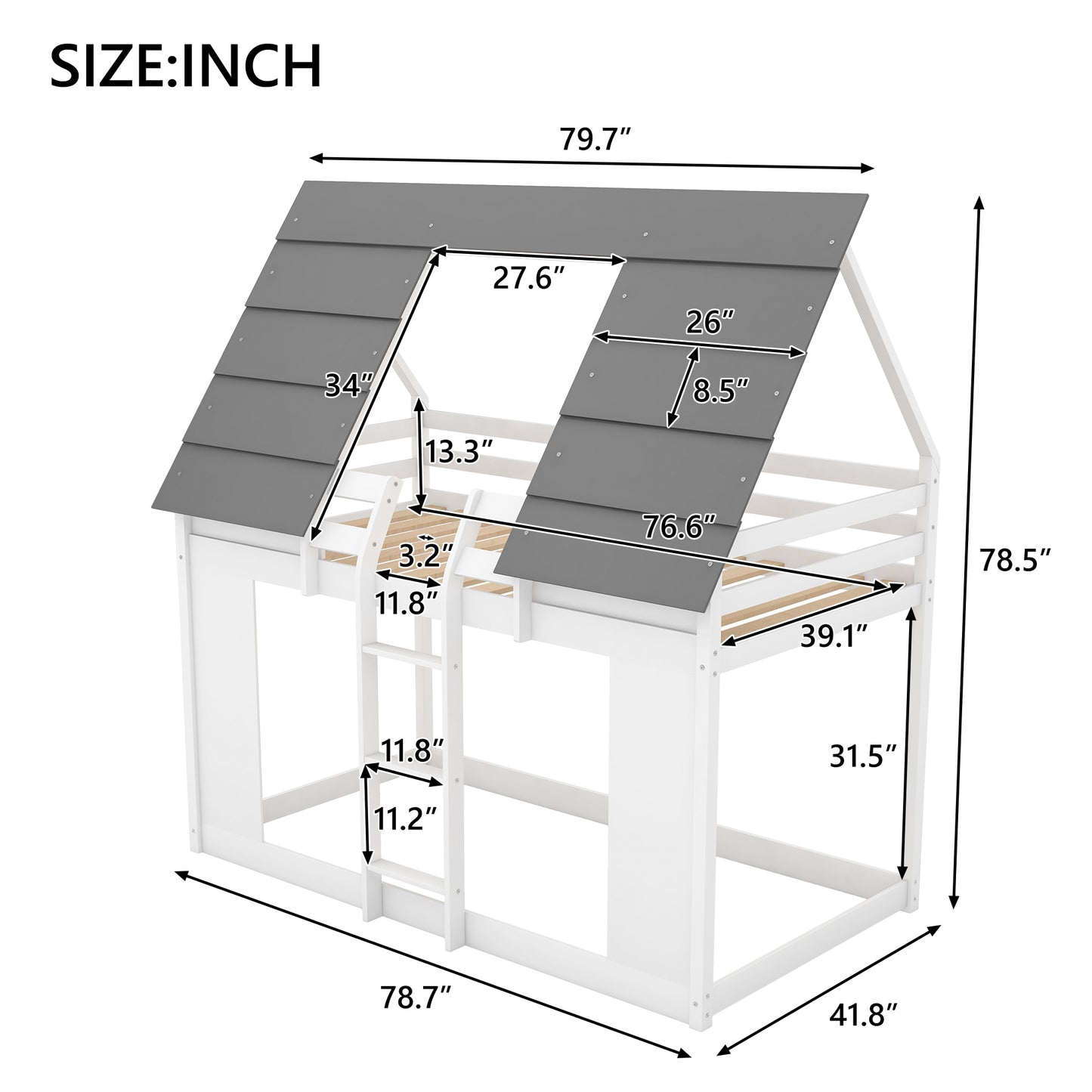 House Bunk Bed with Roof and Built-in Ladder, White