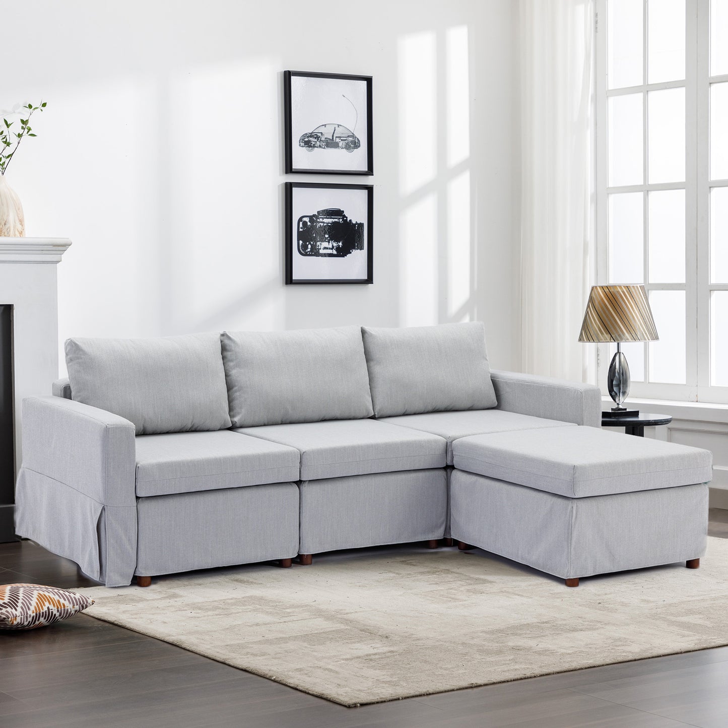 3 Seat Module Sectional Sofa Couch With 1 Ottoman,Seat Cushion and Back Cushion Removable and Washable,Light Grey