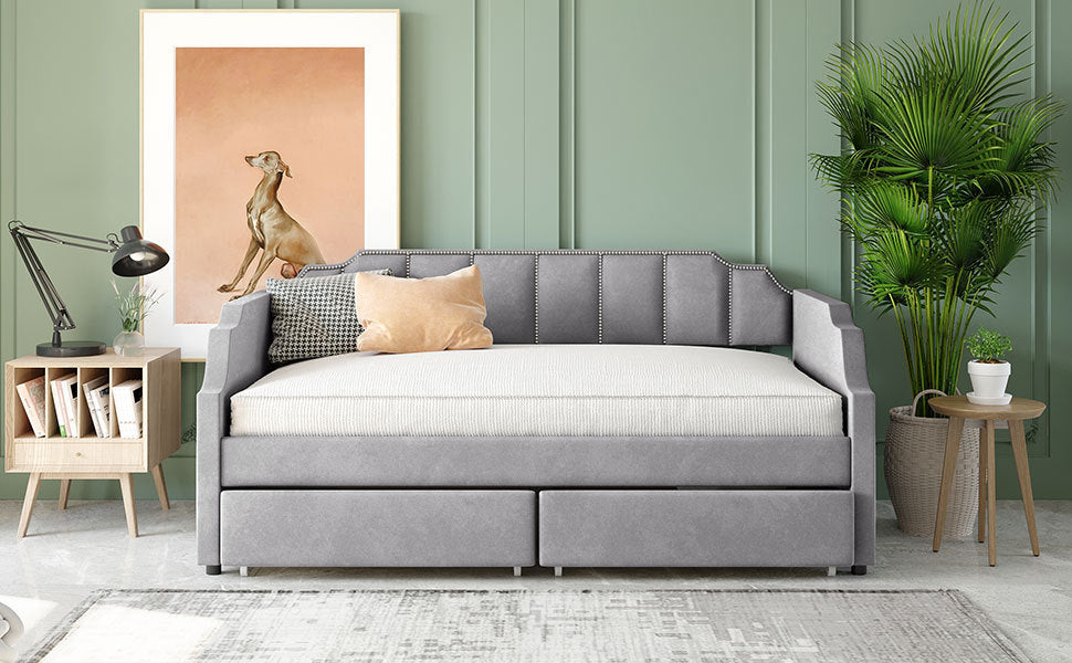 Twin Size Upholstered Daybed with Drawers, Wood Slat Support, Gray