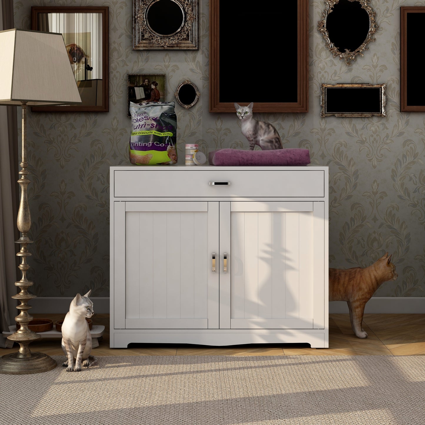 Litter Box Enclosure, Cat Litter Box Furniture with Hidden Plug, 2 Doors,Indoor Cat Washroom Storage Bench Side Table Cat House, Large Wooden Enclused Litter Box House, White