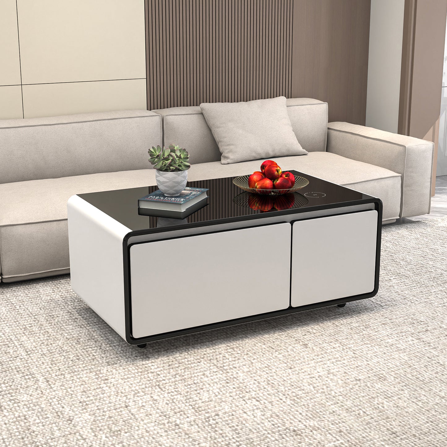 Modern Smart Coffee Table with Built in Fridge, Outlet Protection,Wireless Charging, Mechanical Temperature Control, Power Socket, USB Interface and Ice Water Interface, White