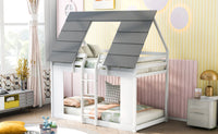 House Bunk Bed with Roof and Built-in Ladder, White