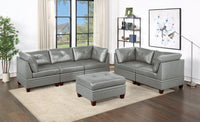 Genuine Leather Grey Color Tufted 6pc Modular Sofa Set 4x Corner Wedge 1x Armless Chair 1x Ottomans Living Room Furniture Sofa Couch