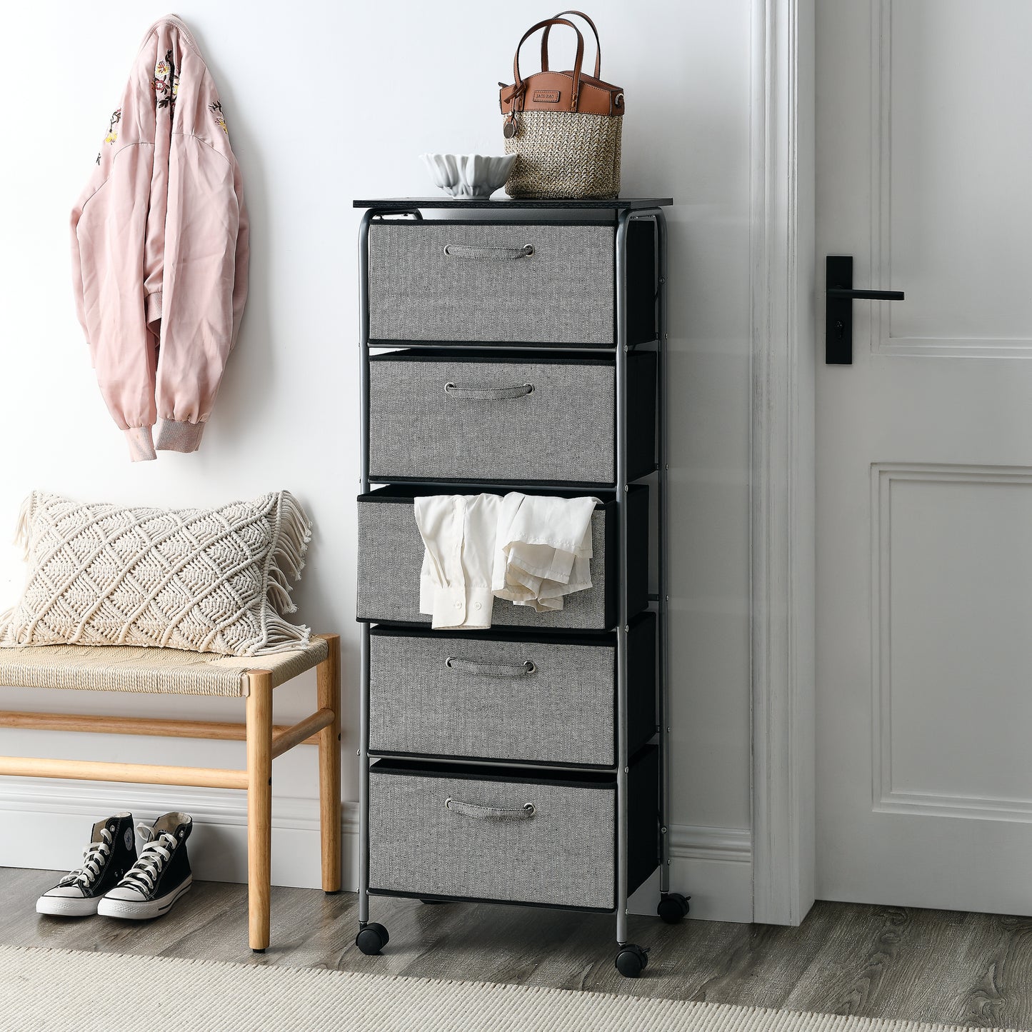 5 Drawers Fabric Dresser Storage Tower Shelves with MDF Top, Organizer Unit for Bedroom, Closet, Entryway, Hallway, Nursery Room, Office Organization, Grey (18“x12”x47.5“)