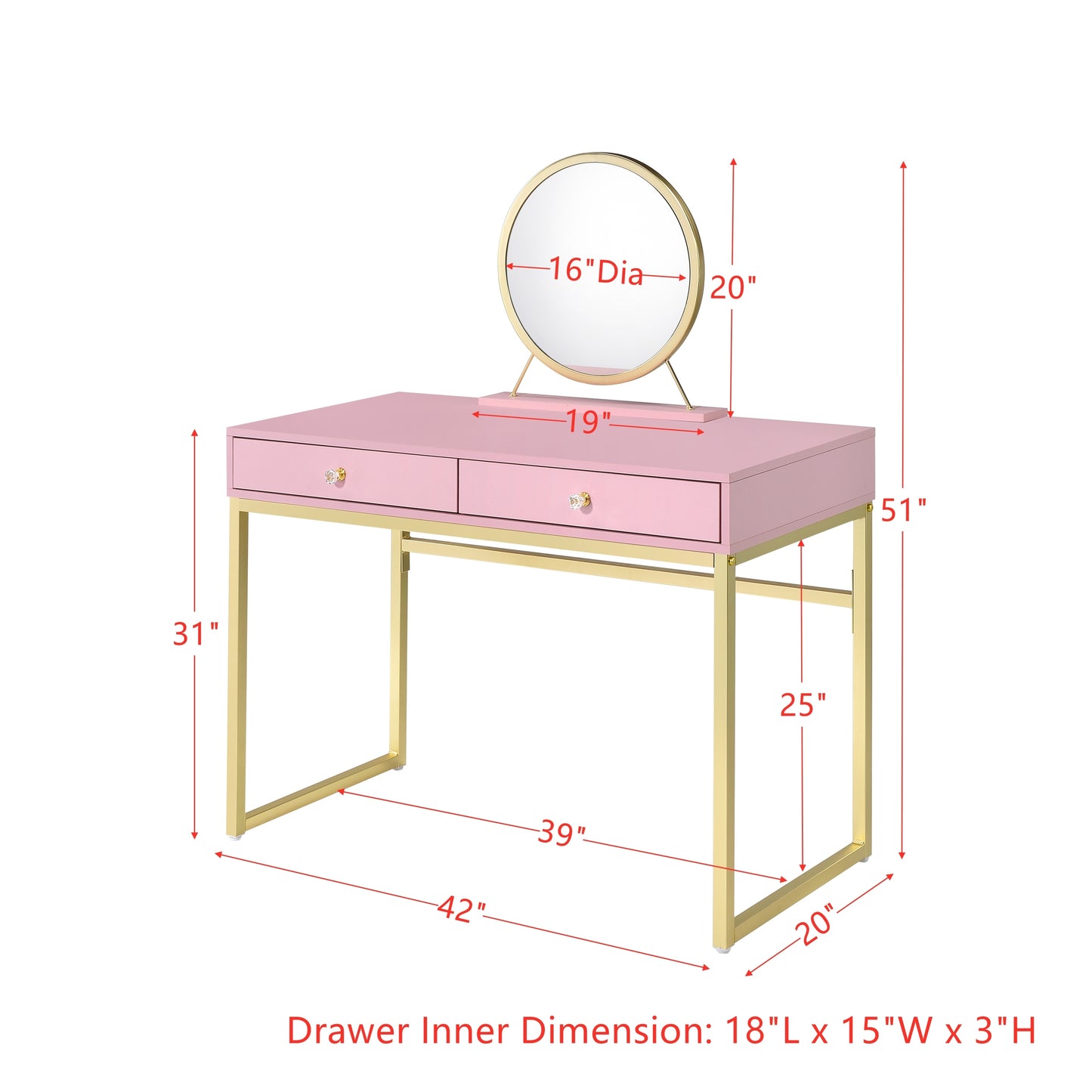 ACME Coleen Vanity Desk w/Mirror & Jewelry Tray in Pink & Gold Finish