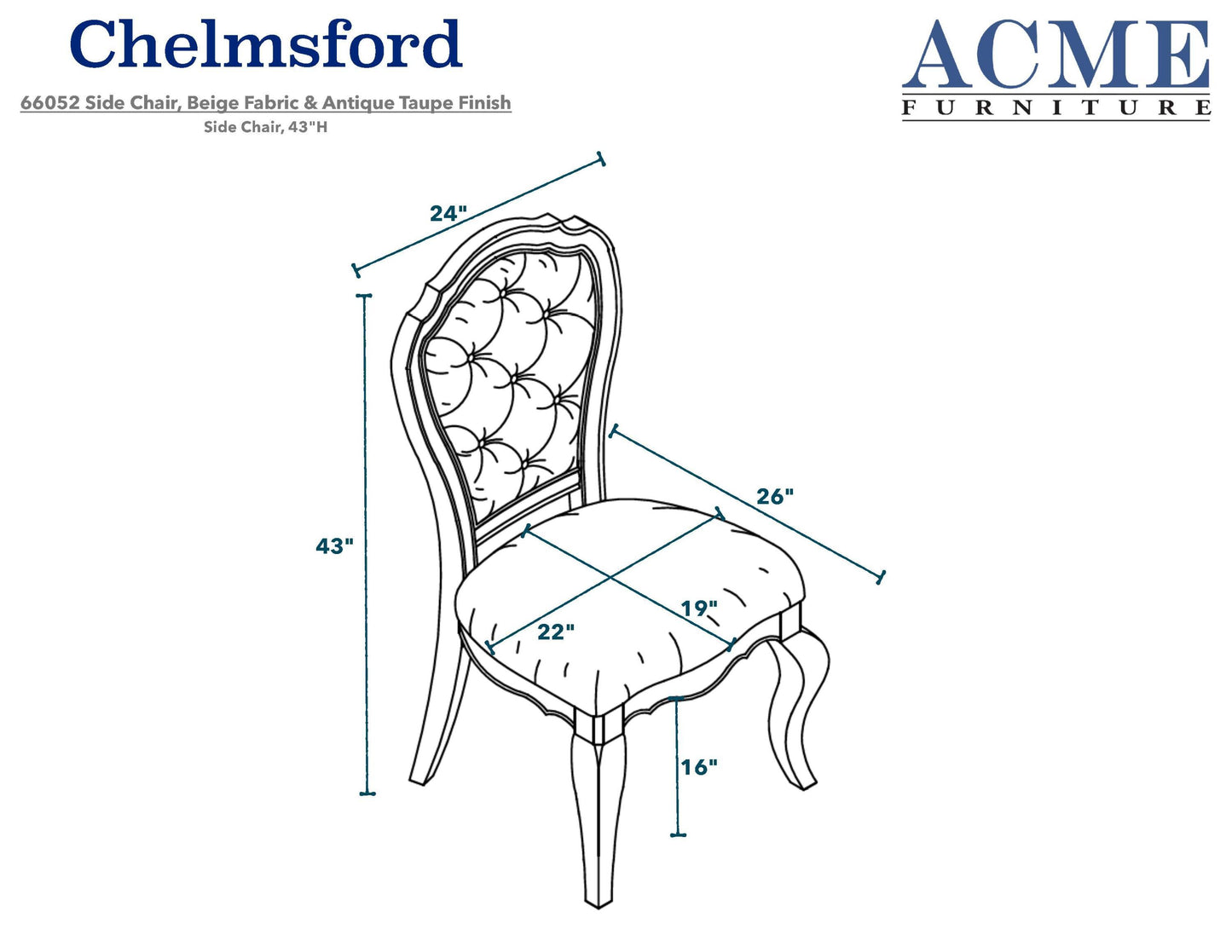 ACME Chelmsford Side Chair (Set-2) in Beige Fabric & Antique Taupe