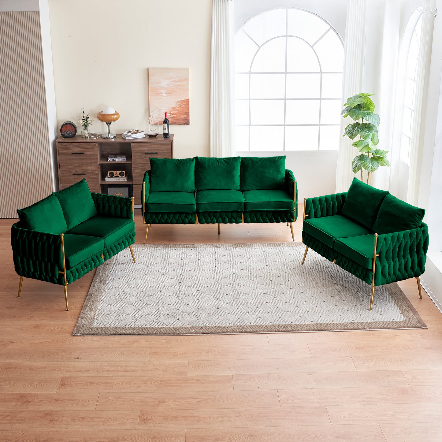 3 Piece Modern Velvet Upholstered Living Room Set with 3-Seater Sofa and 2 Loveseats, Handmade Woven Tufted Back and Arms, Golden Metal Legs, Green Velvet