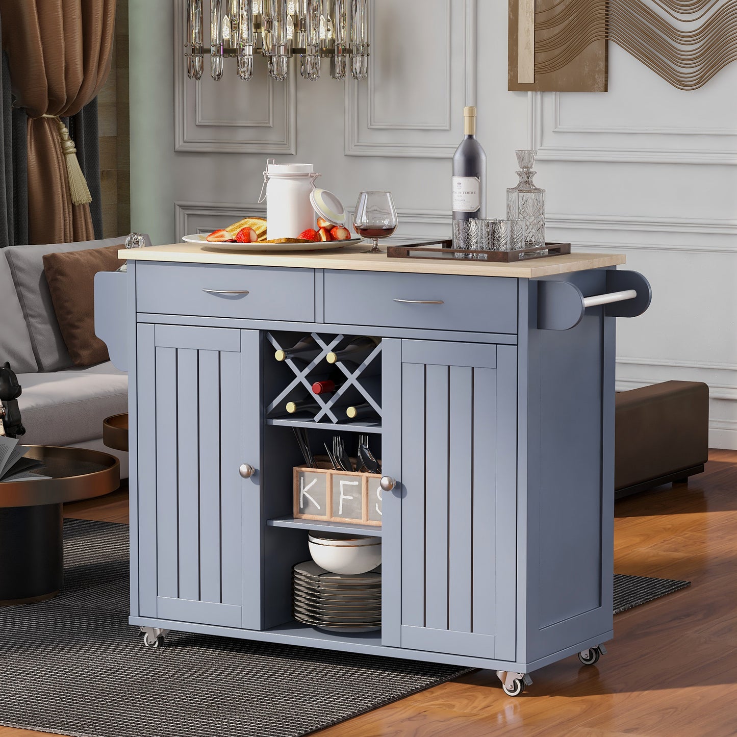 K&K Store Kitchen Island Cart with Two Storage Cabinets and Four Locking Wheels, Wine Rack, Two Drawers, Spice Rack, Towel Rack (Grey Blue)