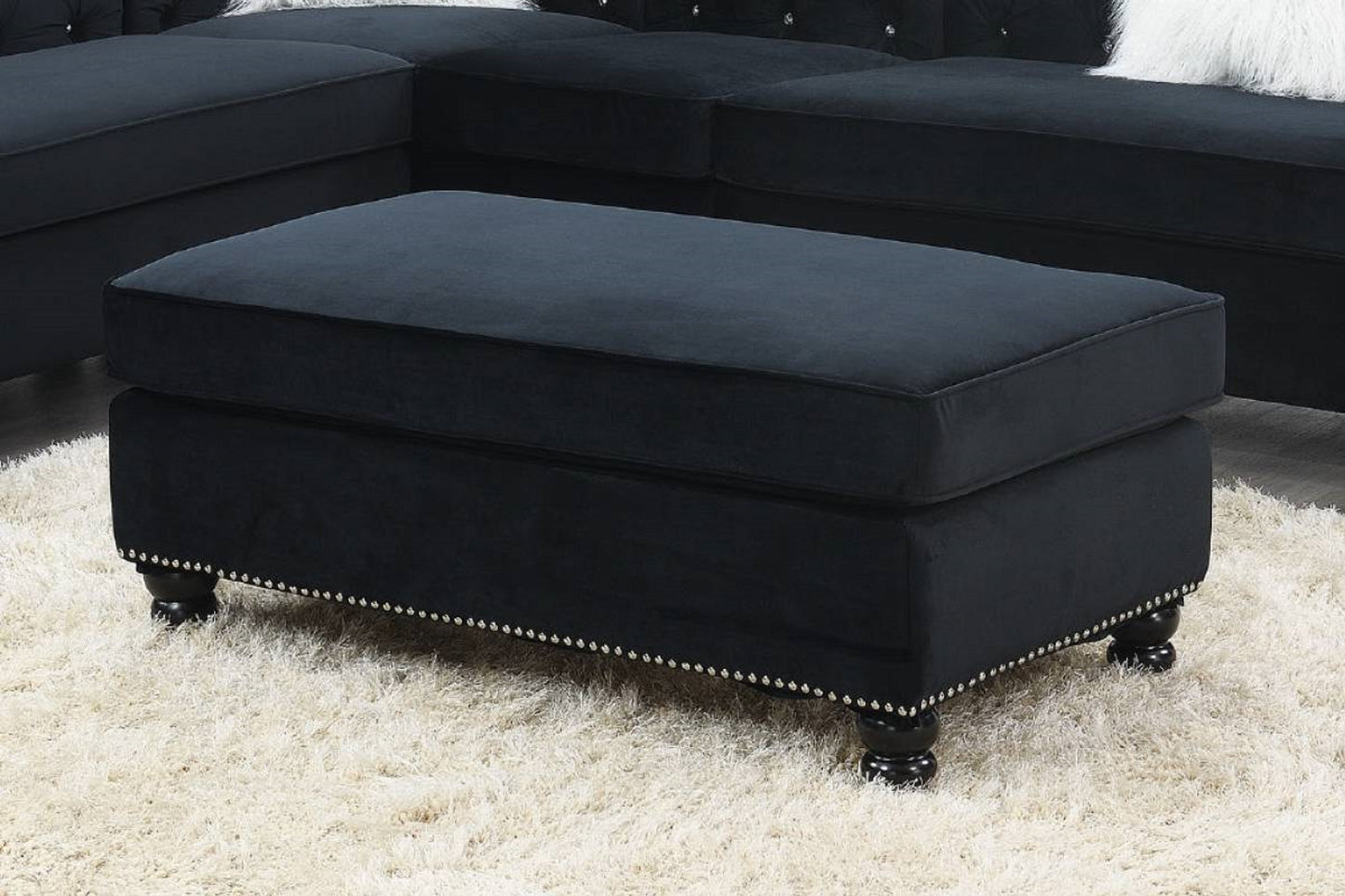 Living Room XL- Cocktail Ottoman Black Velvet Accent Studding Trim Wooden Legs