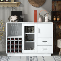 Kitchen Functional Sideboard with Glass Sliding Door and Integrated 16 Bar Wine Compartment, Wineglass Holders (White)