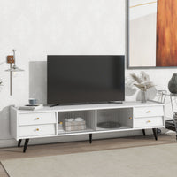 ON-TREND Contemporary TV Stand with Sliding Fluted Glass Doors, Slanted Drawers Media Console for TVs Up to 70", Chic Elegant TV Cabinet with Golden Metal Handles , White