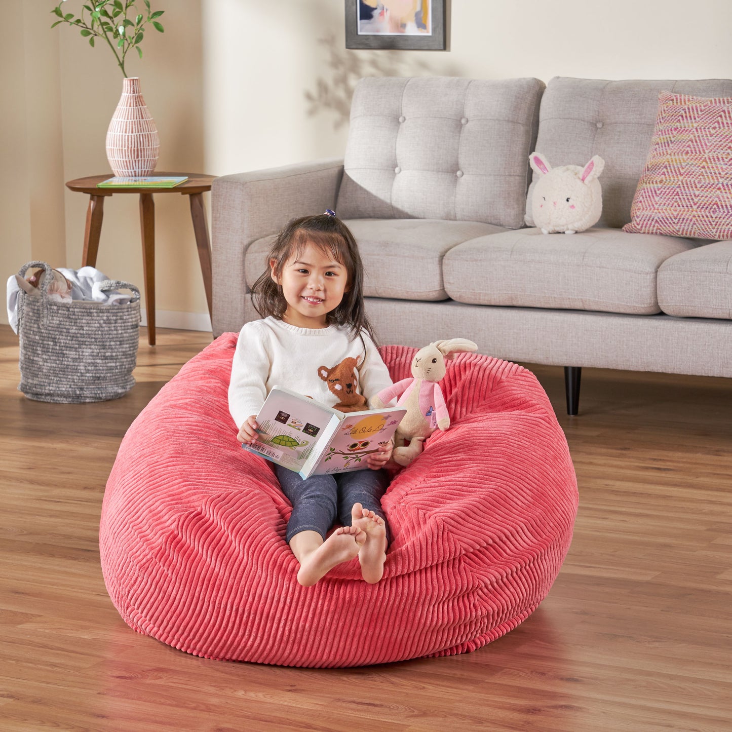 Kenli 3 Foot Modern Corduroy Beanbag, Pink Rose