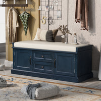 Storage Bench with 2 Drawers and 2 Cabinets, Shoe Bench with Removable Cushion for Living Room, Entryway (Antique Navy)