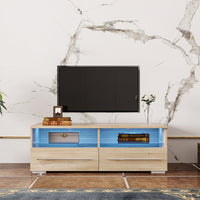 The  TV cabinet has two drawers with color-changing light strips, Rustic Oak